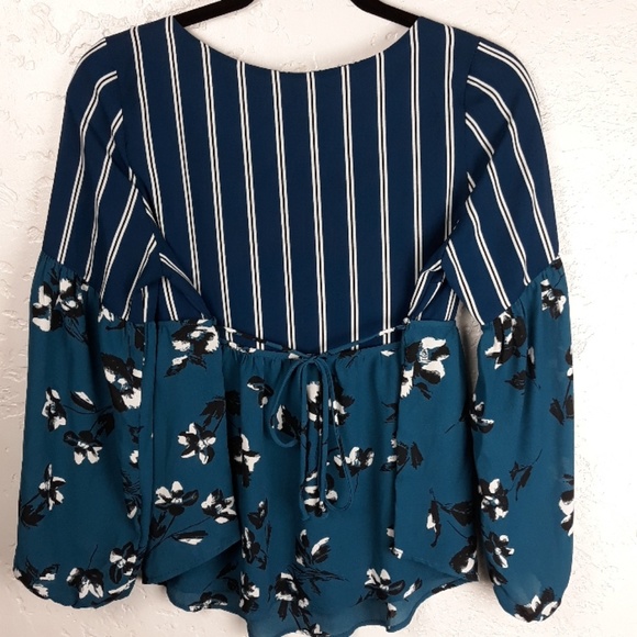 Monteau Blue Striped Floral Sheer Blouse - Picture 5 of 6